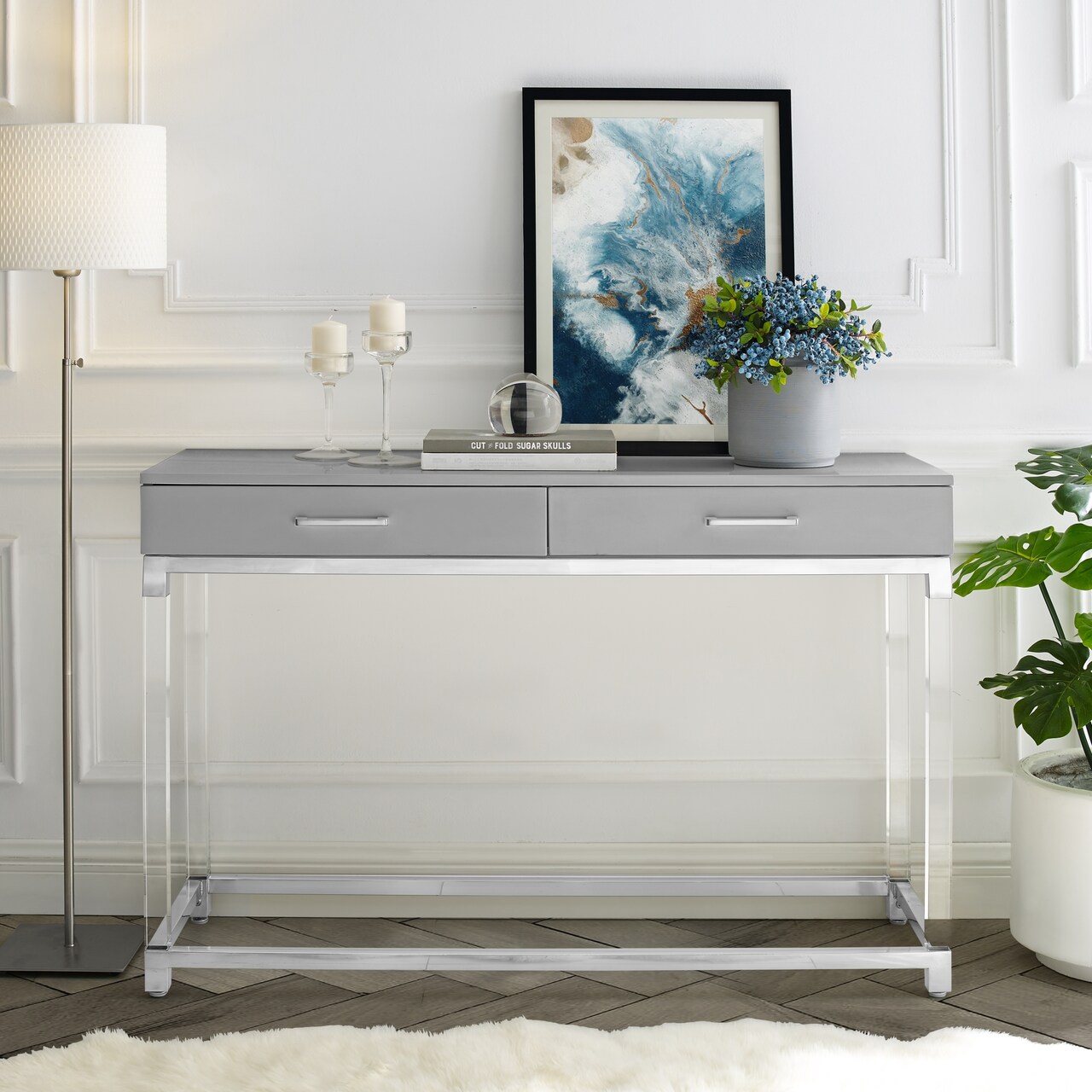 Caspian High Gloss 2 Drawer Acrylic Leg Metal Base Console Table